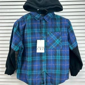 Zara Kids size 9 Blue and Green Plaid Layered hooded shacket snap up